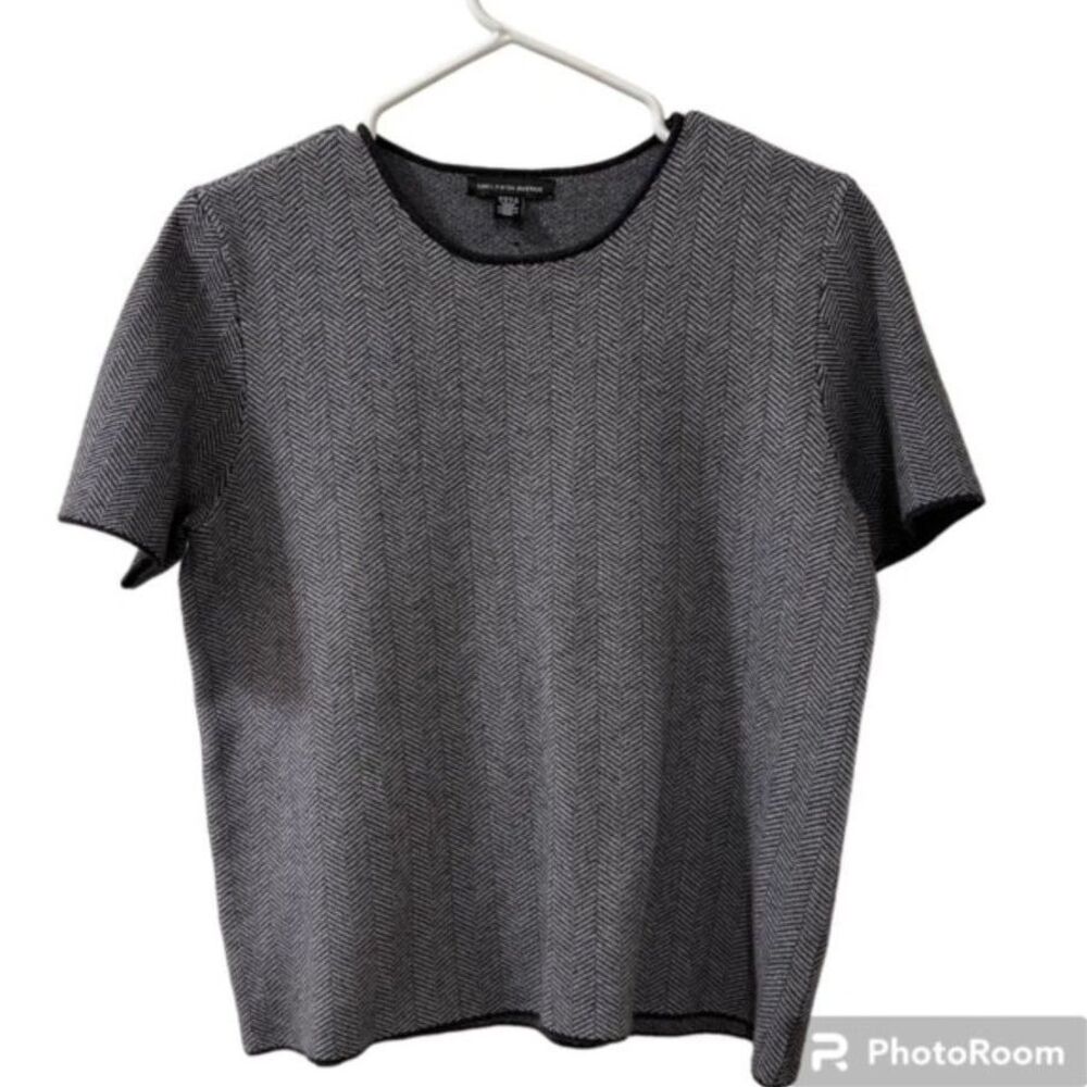 Saks Fifth Avenue Womens Gray Herringbone Knit Short Sleeve Top Size L